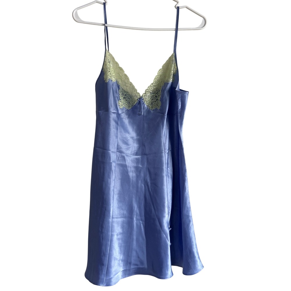 Jones New York Nightgown sexy Large Blue Satin Lace Trim Slit Slip dress vtg 90s